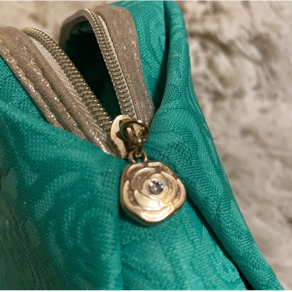 Lancome Teal Rose Embossed Cosmetic Bag Makeup Pouch Zipper‎ Closure